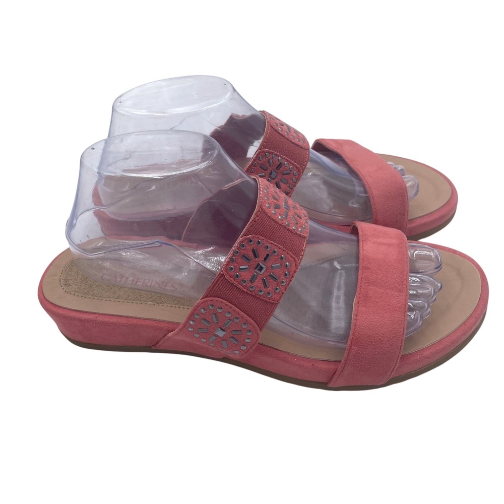 Catherines Womens Coral Pink Studded‎ Slide Sandals Low Wedge 8W 300060365